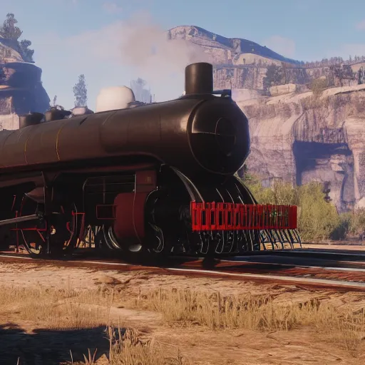 Image similar to futuristic sleek steam locomotive in red dead redemption 2