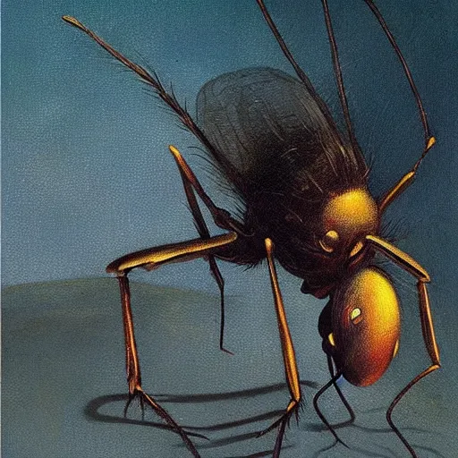 Prompt: an oil painting of a mosquito drinking from a dark pool by esao andrews. circa survive album cover art. dark. muted colors. gothic. oil painting with brush strokes. creepy.