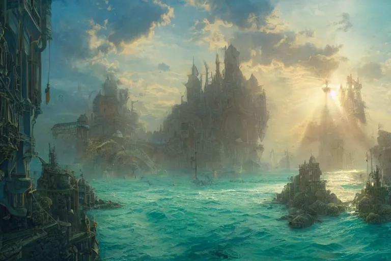 Image similar to a beautiful painting of the lost and abandoned city of Atlantic under water, ray of sunlight, mermaids in distance, Greg Rutkowski, Moebius, Mohrbacher, Mucha, blue and gold color scheme, ultra wide angle, ultra detailed