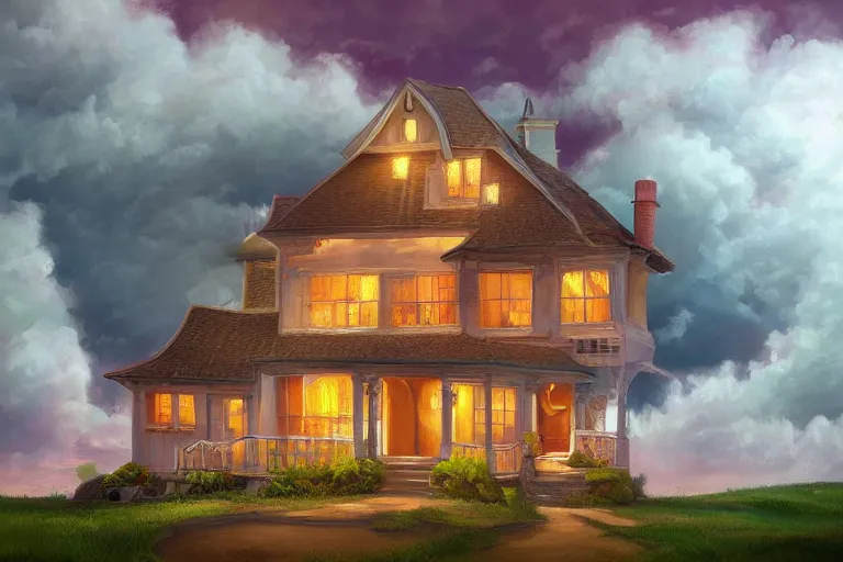 Prompt: A hyperdetailed digital oil painting of a house in the clouds,ladder,cartoon, Trending on ArtStation and DeviantArt