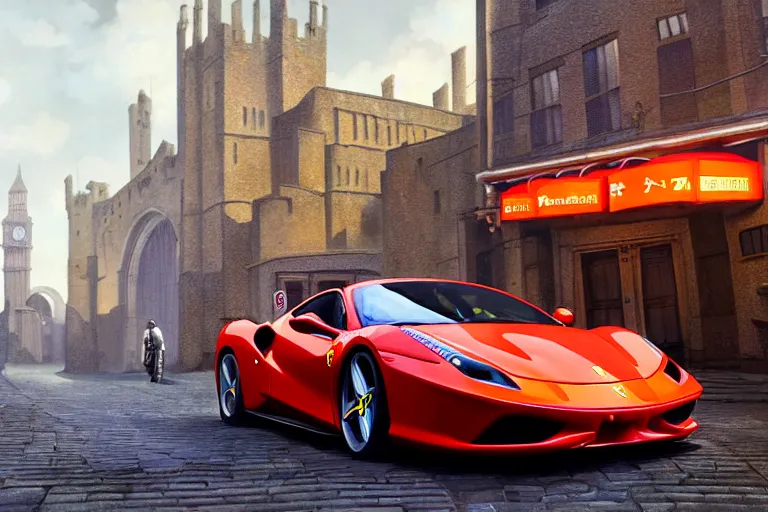 Image similar to a wholesome animation key shot of one focused ferrari, dynamic, on an ancient london street, wide shot, studio ghibli, pixar and disney animation, sharp, very detailed, high resolution, rendered in unreal engine 5, anime key art by greg rutkowski, overcast lighting, dark