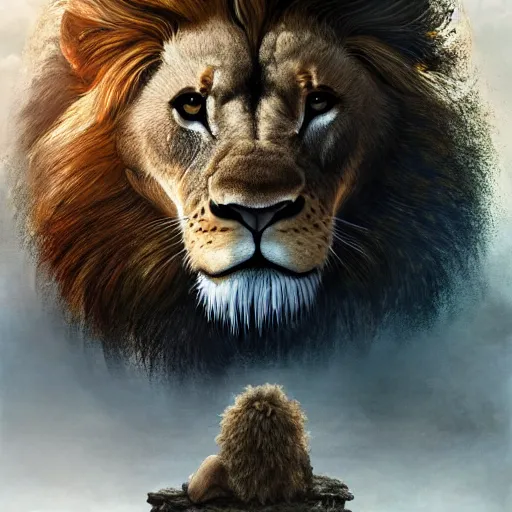 Image similar to a giant lion wearing heavy armor, artstation hall of fame gallery, editors choice, #1 digital painting of all time, most beautiful image ever created, emotionally evocative, greatest art ever made, lifetime achievement magnum opus masterpiece, the most amazing breathtaking image with the deepest message ever painted, a thing of beauty beyond imagination or words, 4k, highly detailed, cinematic lighting