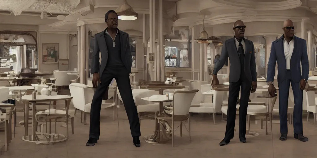 Image similar to highly detailed full - body samuel l jackson and john travolta posing in cafe, perfect symmetrical eyes, by eddie mendoza and tyler edlin, 8 k resolution