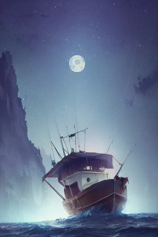 Image similar to a highly detailed matte painting of a fishing boat on lake under moon and stars by studio ghibli, makoto shinkai, by artgerm, by wlop, by greg rutkowski, volumetric lighting, cyberpunk, octane render, 4 k resolution, trending on artstation, masterpiece