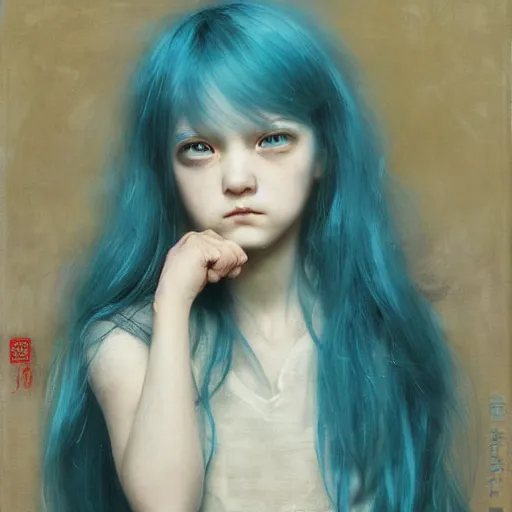 Image similar to little angry girl with blue hair. By Ruan Jia. Ayami Kojima. Masterpiece