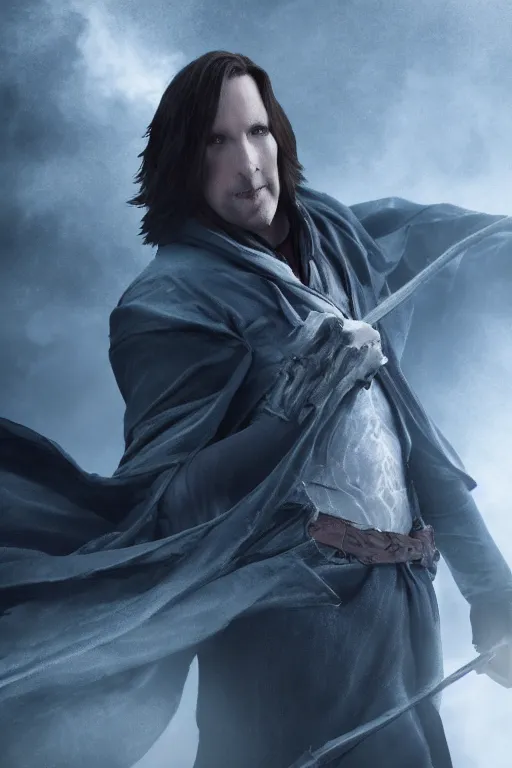 Image similar to Matthew Mercer is an all powerful wizard, realistic cinematic shot, swirling magic, subtle fog and mood lighting