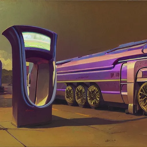 Prompt: painting of syd mead artlilery scifi organic shaped electric bus charging station with ornate metal work lands on a farm, fossil ornaments, volumetric lights, purple sun, andreas achenbach