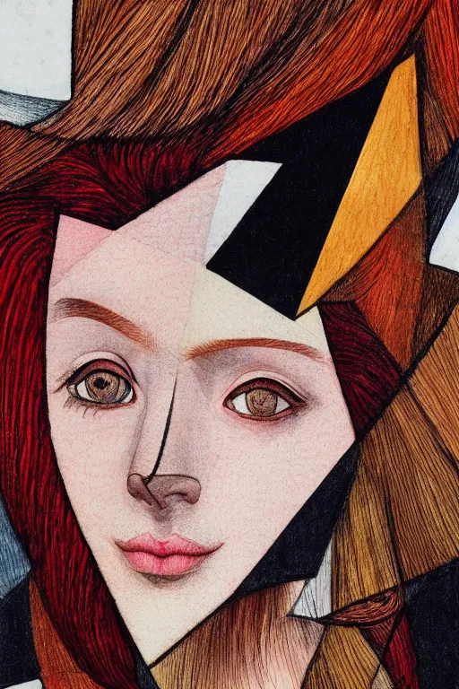 Prompt: portrait of triangle shaped redhead woman head with single cubism eye, in the style of Greg Broadmore and Arthur Rackham,trending on artstation, light lighting side view,digital art,surrealism ,macro,blueprint ,vaporwave ,