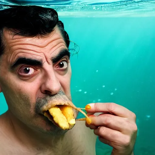 Image similar to An Alec Soth portrait photo of Mr. Bean eating his corndog fingers while underwater. An octopus can be seen in the distance