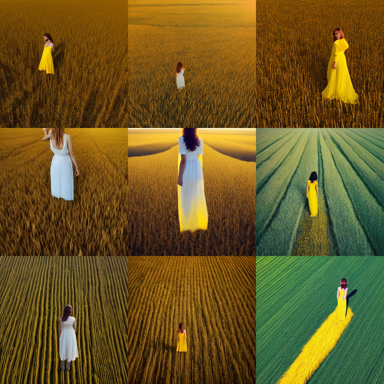 Prompt: aerial shot, a beautiful photo of a girl in a very wide semi-transparent thin light dress standing on a bright yellow rye field, photo from the back, 135mm, trending on artstation