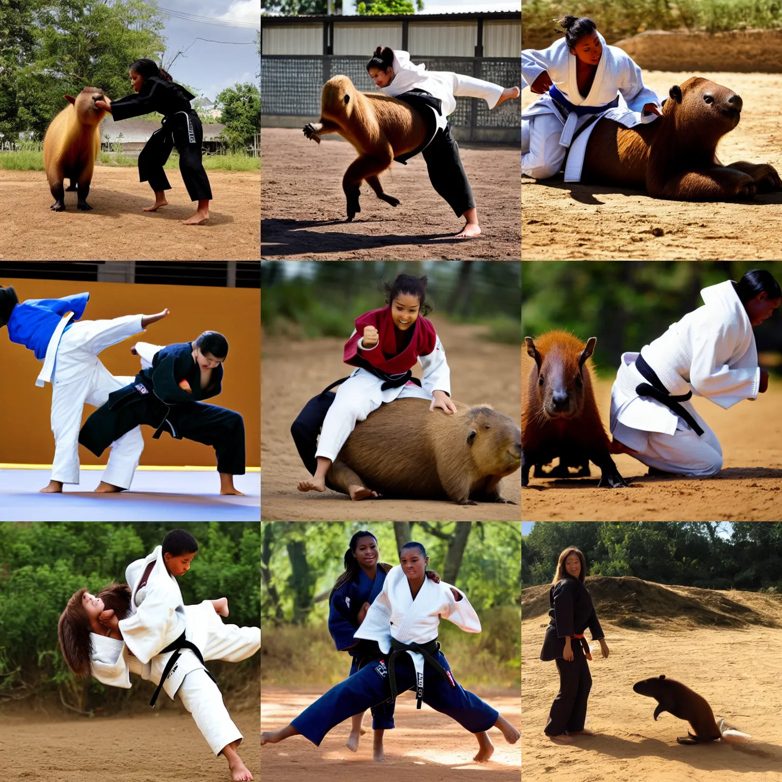 Prompt: Young black belt judo woman riding a giant capybara