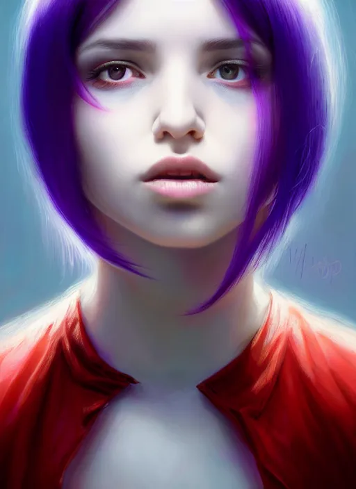 Image similar to hair whitebangs hair, black hair, whitebangs, portrait of teenage girl with white bangs, red irises, purple clothes, white bangs, bangs are different color from hair, intricate, elegant, glowing lights, highly detailed, digital painting, artstation, concept art, smooth, sharp focus, illustration, art by wlop, mars ravelo and greg rutkowski