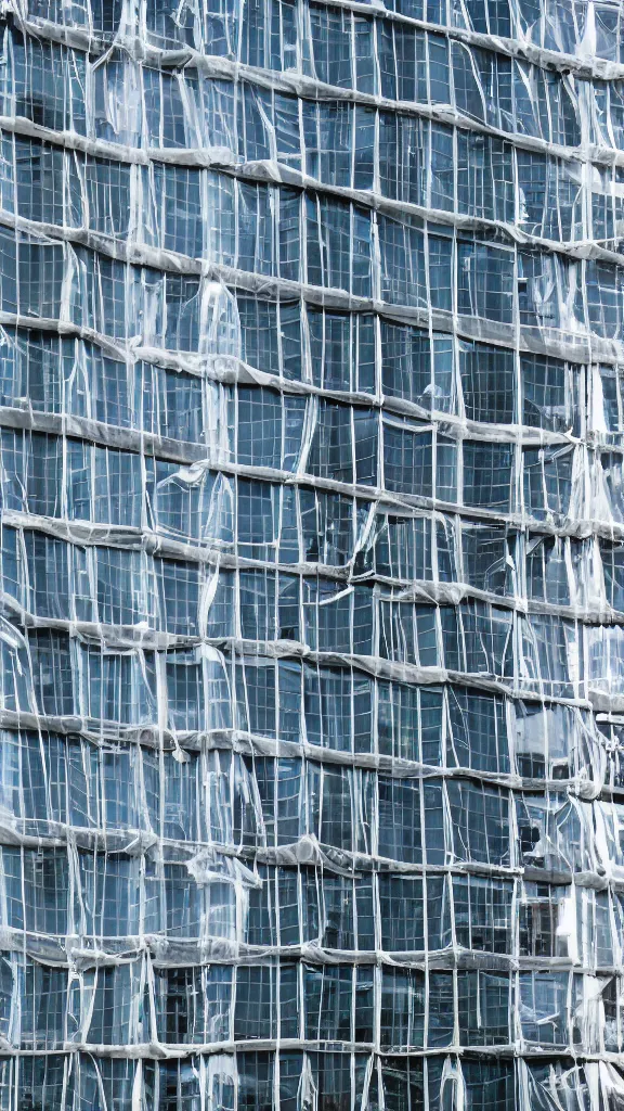 Prompt: hyperrealistic photo of a futuristic glass building in a urban setting with many balconies with hanging plants. the building is wrapped in billowing fabric tarps. the fabric tarps are translucent mesh with large holes for balconies and windows. the fabric hangs from metal scaffolding. 8 k