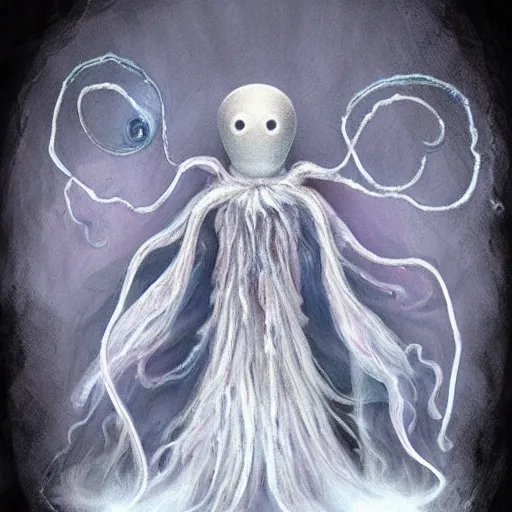 Prompt: an ethereal fantasy fluffy halloween ghost like spooky live action muppet wraith like figure with a squid like parasite latched as its head and four long tentacles for arms that flow gracefully at its sides like a cloak while it floats around a frozen rocky tundra in the snow searching for lost souls and that hides amongst the shadows in the trees, this character has cryokinesis and umbrakinesis and is a real muppet by sesame street, photo realistic, real, realistic, felt, stopmotion, photography, sesame street