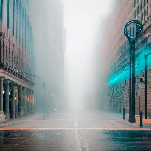 Prompt: Photograph of american street, foggy, afternoon, teal, heat ripples, 300mm f 5.6, award winning photograph