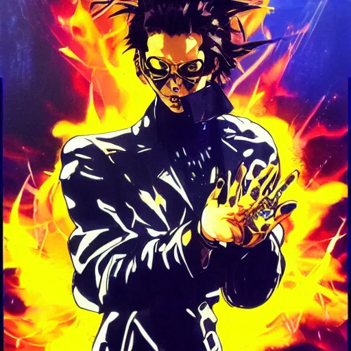 Image similar to portrait of the hacker cyberpunk magician in a dramatic jojo pose tarot card, golden blue outfit, oil on canvas by yoji shinkawa and esao andrews and raoul ruiz