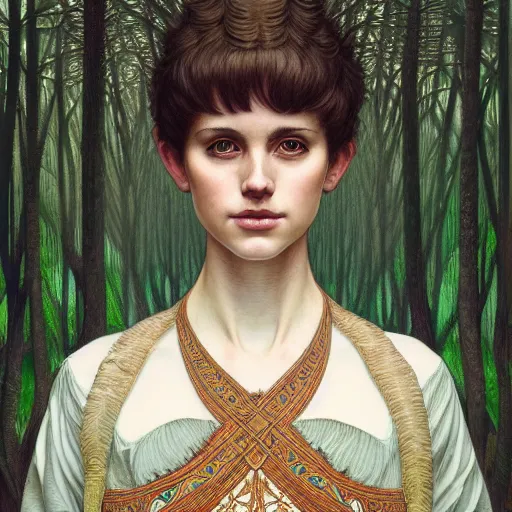 Image similar to symmetry portrait of welsh brunette student in mans tunic, tomboy, short hair, intricate forest background, intricate, elegant, highly detailed, digital painting, artstation, concept art, smooth, sharp focus, illustration, art by artgerm and greg rutkowski and fra angelico and alphons mucha
