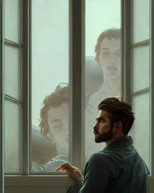 Image similar to attractive man looking out the window sadly, highly detailed, digital painting, artstation, concept art, smooth, sharp focus, illustration, art by artgerm and greg rutkowski and alphonse mucha