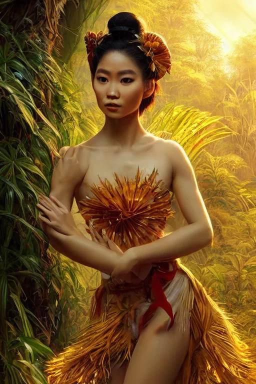 Image similar to stunningly beautiful, filipina geisha prima ballerina in jungle, symmetrical face, golden hour, smooth, focus, highly detailed, hyper realistic, dramatic lighting, elegant, intricate, concept art, art by wlop, mars ravelo, greg rutowski, artstation