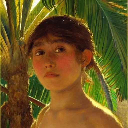 Prompt: a ultradetailed beautiful painting of a girl on amazonas by jules bastien - lepage, hans belmer, frank weston and gustave baumann, trending on artstation, mediterranean, palm trees, light sparkles, sharp focus, soft light