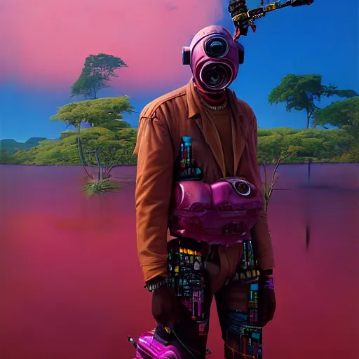 Prompt: a zulu cyberpunk hunter near a pink lake by thomas blackshear and android jones in a surreal portrait style, oil on canvas, 8k resolution.