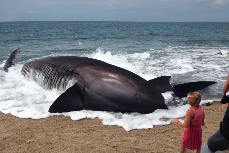 Prompt: huge megalodon washed upon the shore, people watching