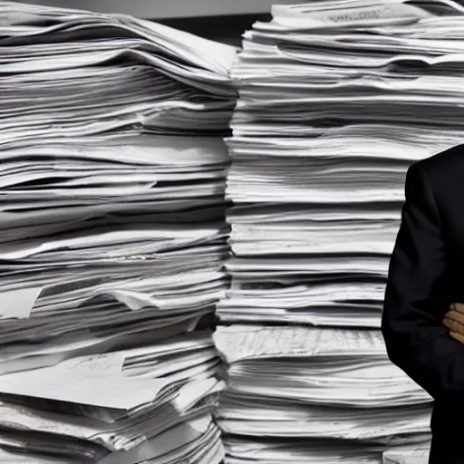 Image similar to film still cnn obama nervously standing next to a mountain of papers, 4 k
