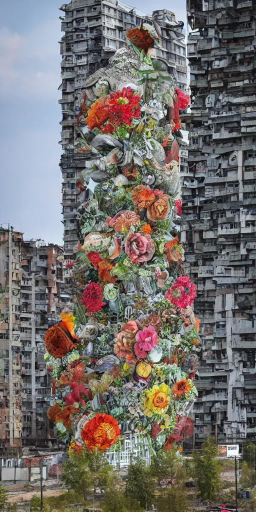 Image similar to giant grotesque flower in the middle of abandoned post soviet constructivist cityscape, ultradetailed by Josan Gonzalez and Giuseppe Arcimboldo