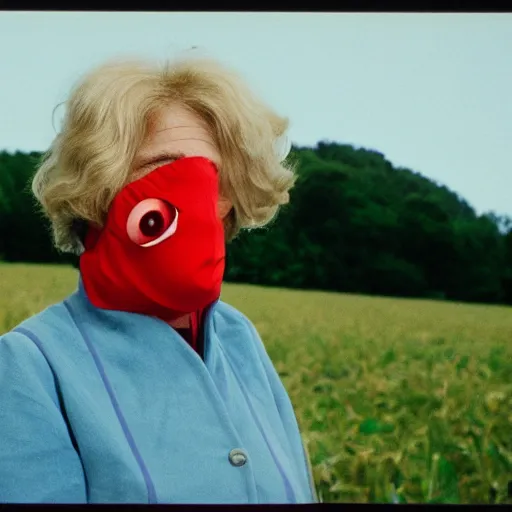 Prompt: middle-agedwoman wearing an inflatable nose, with extra eyeballs, in the countryside 1979 arthouse film, archival footage, technicolor film expired film