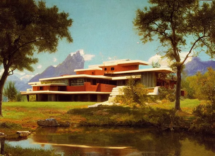 Image similar to painting of a frank lloyd wright house in front of beautiful mountains by albert bierstadt