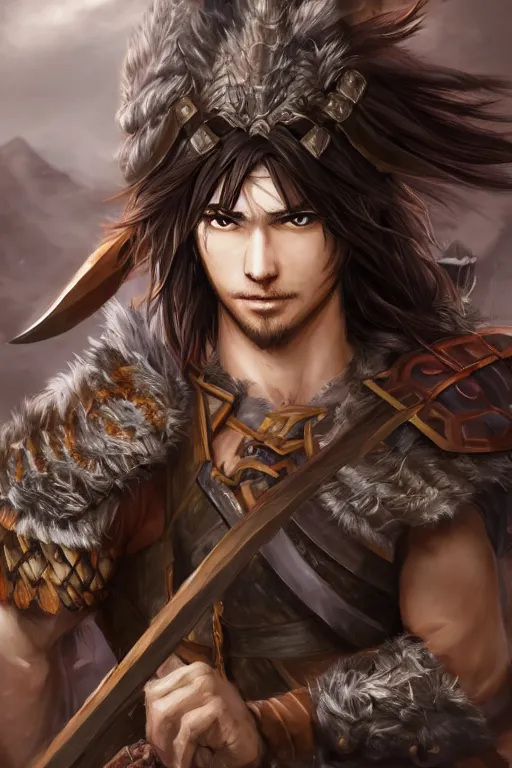 Image similar to A realistic anime portrait of a young handsome male barbarian with long wild hair, intricate fantasy spear, plated armor, D&D, dungeons and dragons, tabletop role playing game, rpg, jrpg, digital painting, by Stanley Artgerm Lau, Sakimichan, WLOP and Rossdraws, digtial painting, trending on ArtStation, SFW version