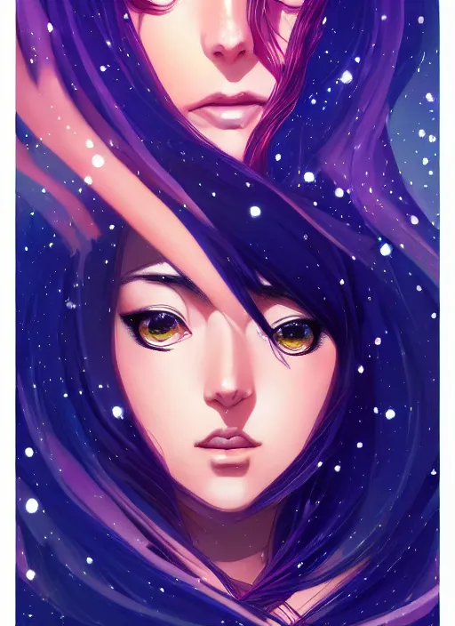 Image similar to a comic portrait of an cosmic goddess with starry hair, fine - face, realistic shaded perfect face, fine details, jewelry, night setting. very anime style. realistic shaded lighting poster by ilya kuvshinov katsuhiro, magali villeneuve, artgerm, jeremy lipkin and michael garmash, rob rey and kentaro miura style, trending on art station