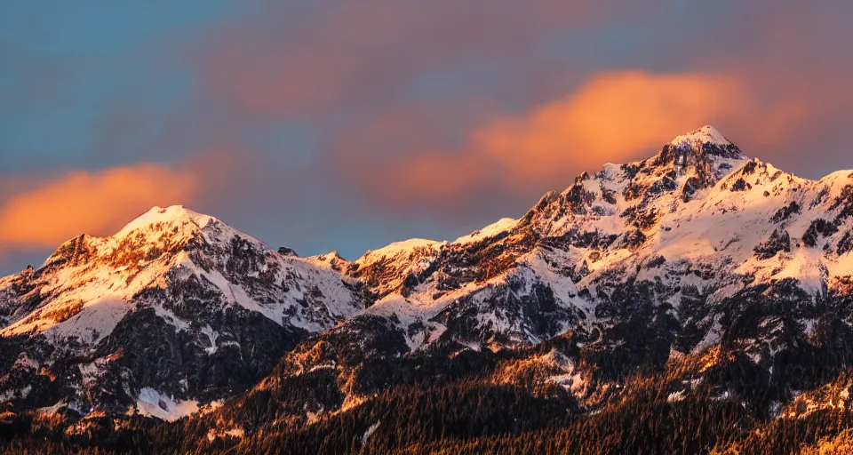 Image similar to professional photo of a snow topped mountain lit by the sunset