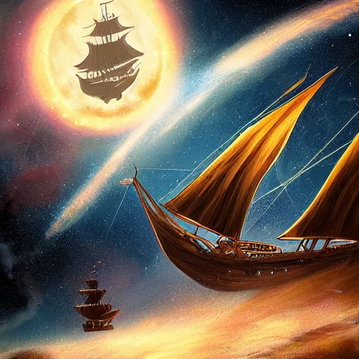 Image similar to pirate ship sailing through space with galaxies in the distance battling ufo, trending on artstation, ultra fine detailed, hyper detailed, hd, concept art, digital painting