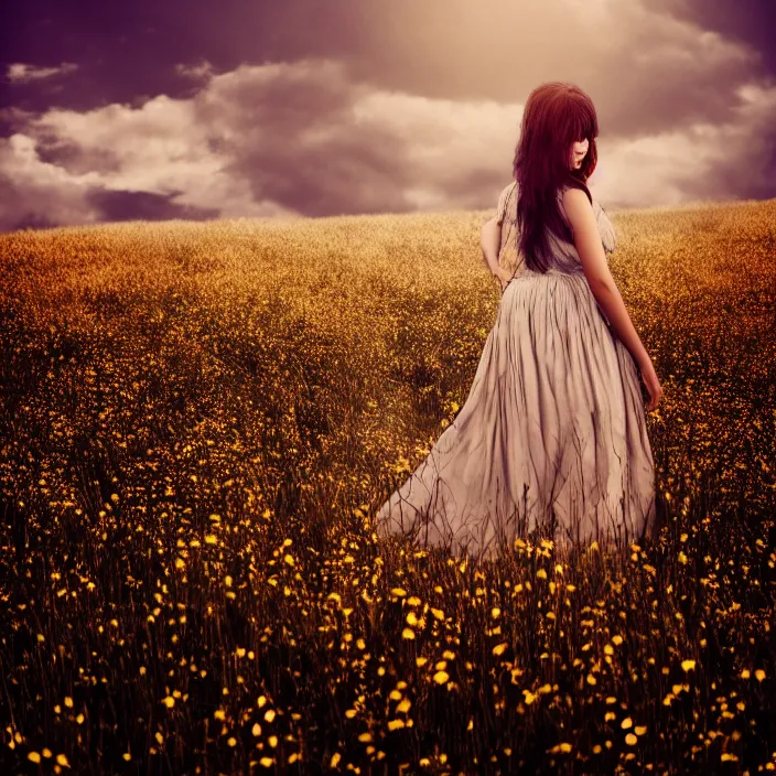 Image similar to photo of a very beautiful!! woman on intricate dress in an endless heavenly meadow, 8 k, hdr, smooth, sharp focus, high resolution, award - winning photo, trending on artstation, dslr, 5 0 mm