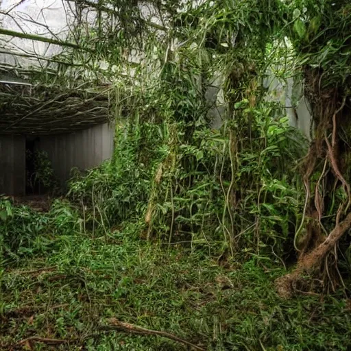 Prompt: abandoned, overgrown, bomb shelter jungle room with trees.