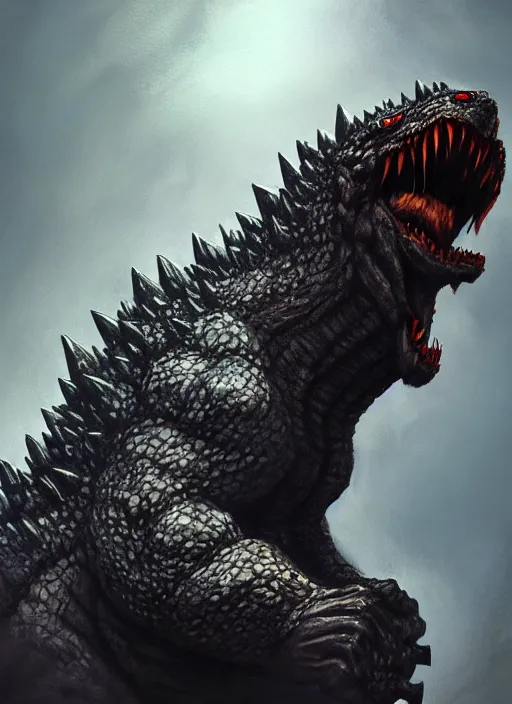 Image similar to portrait of angry godzilla, beautiful face, hyper realistic, highly detailed, digital painting, artstation, illustration, concept art by hyung tae and frank frazetta, digital paint, matte paint, washed colors, eating cakes, dark, gloomy, foggy