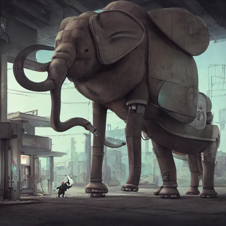 Image similar to a robotic elephant walking through an abandoned gas station in the style of howl's moving castle, 7 0's science fiction comics and enki bilal, cyberpunk, mystical, 8 k, high definition, realism, octane render, cinematic lighting