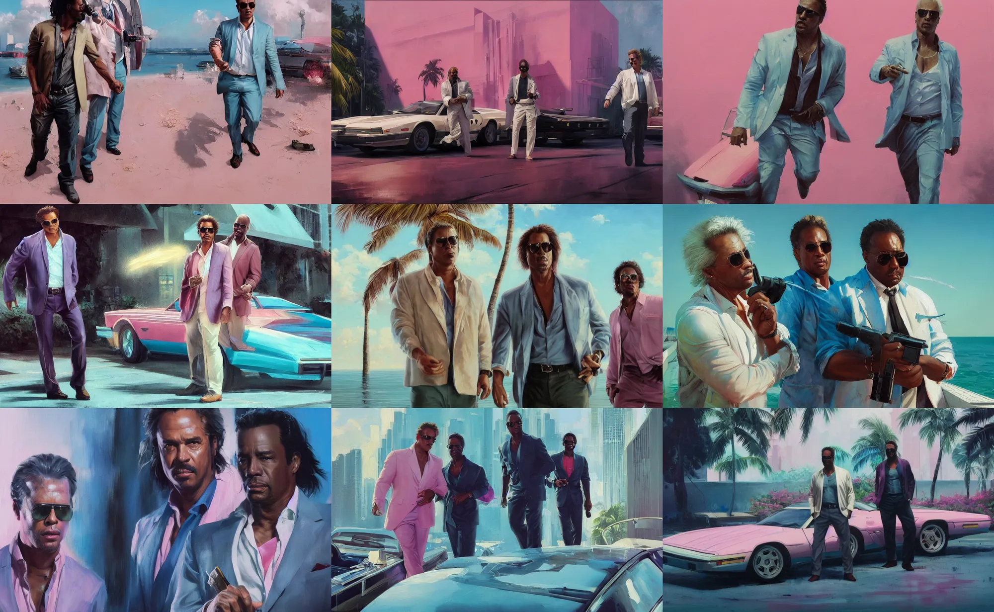 Prompt: an oil painting of crockett and tubbs, miami vice, ultra realistic, highly detailed, brushstrokes, masterpiece, cinematic by frank frazetta, greg rutkowski, beeple, yoko taro, christian macnevin, beeple, wlop, krenz cushart, epic fantasy character art, volumetric lighting, cgsociety, pink and teal