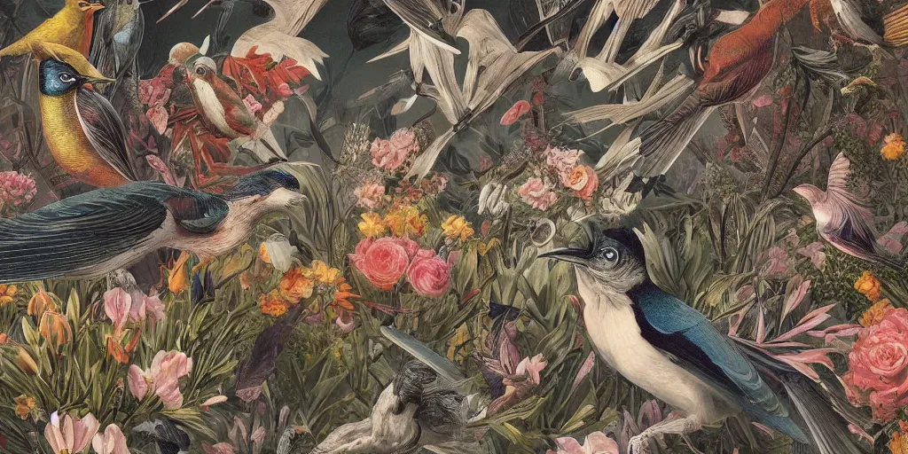 Prompt: breathtaking detailed concept art painting art deco pattern of birds amalmation blend of flowers and birds, by john james audubon, bizarre compositions, exquisite detail, extremely moody lighting, 8 k