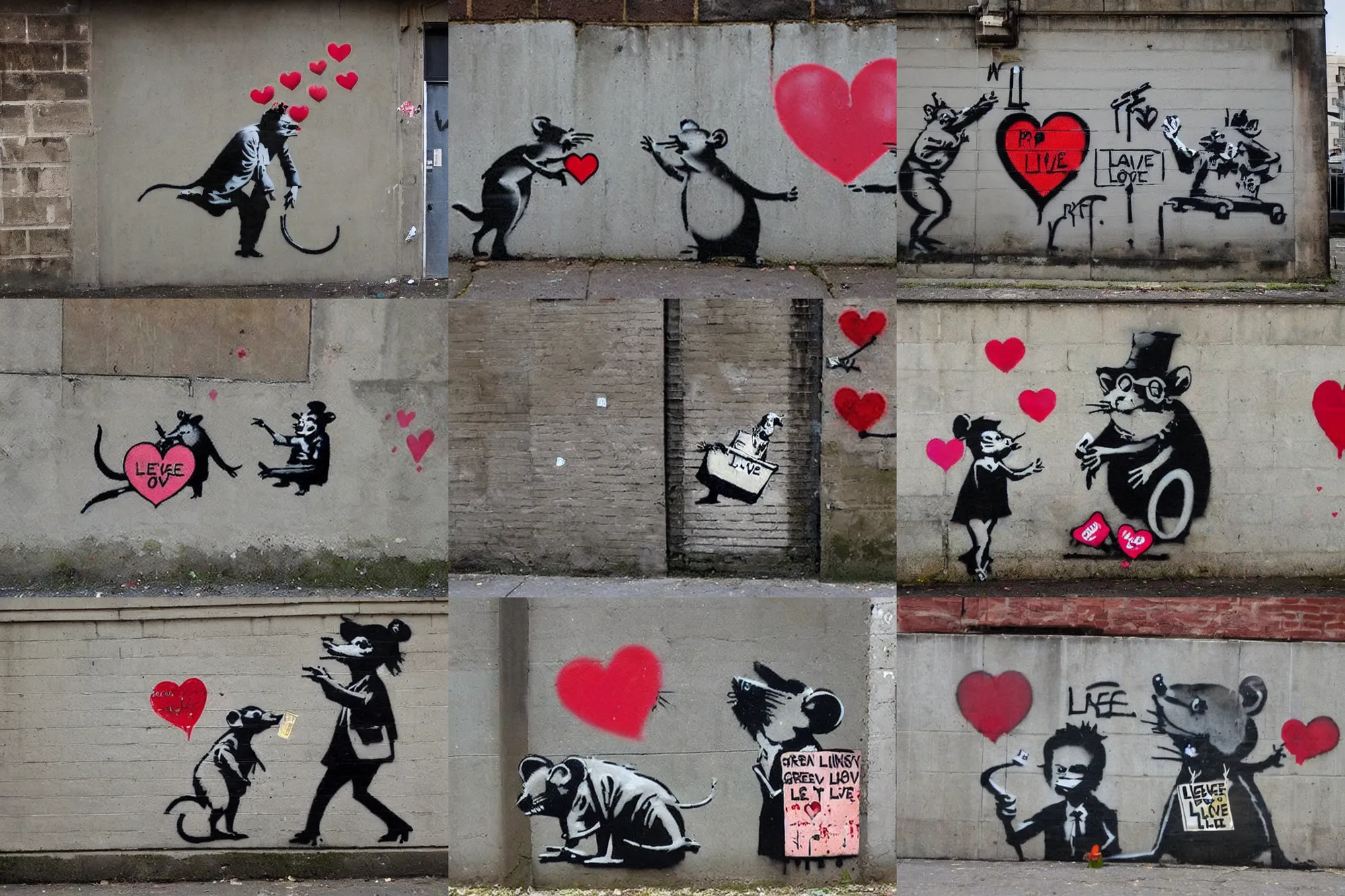 Prompt: banksy graffiti, greedy rats and stacks of money, all you need is love