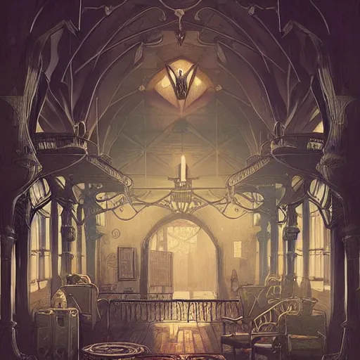 Image similar to intricate detailed victorian goth interior of a vintage 1 9 7 0 s hospital by peter mohrbacher and dan mumford, cgsociety