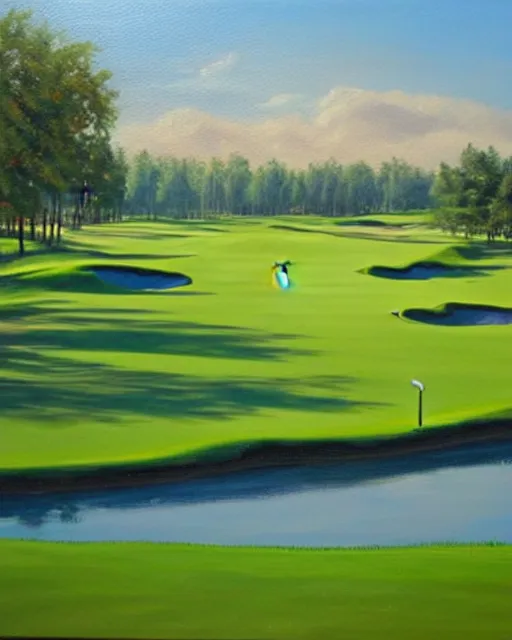 Image similar to oil painting of golf course, oil painting,