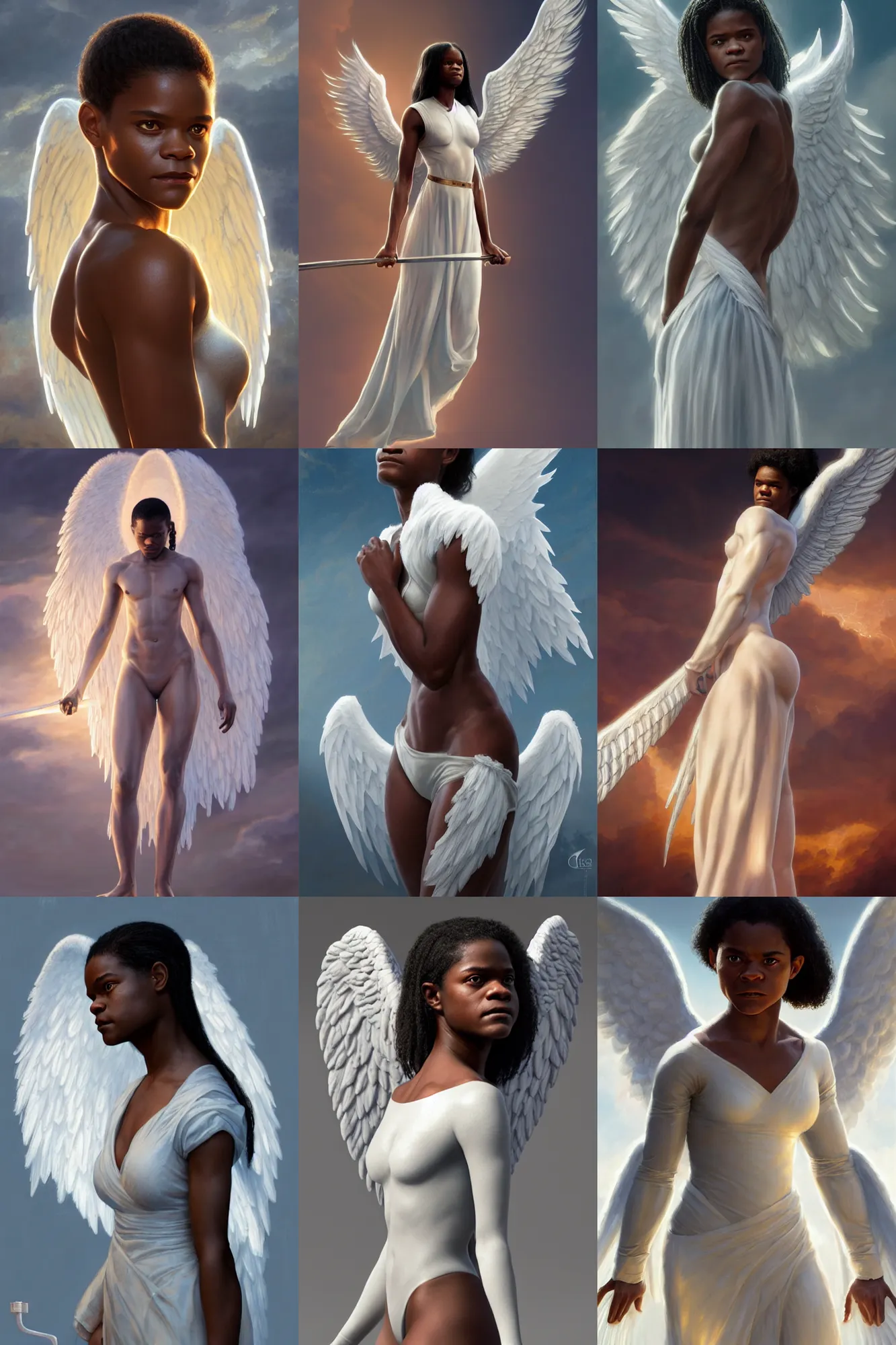 Prompt: letitia wright as a heavenly angel, anatomy, bathed in light, highly detailed, photorealistic, artstation, smooth, sharp focus, illustration, disrobed, unreal engine 5, 8 k, art by artgerm and greg rutkowski and edgar maxence