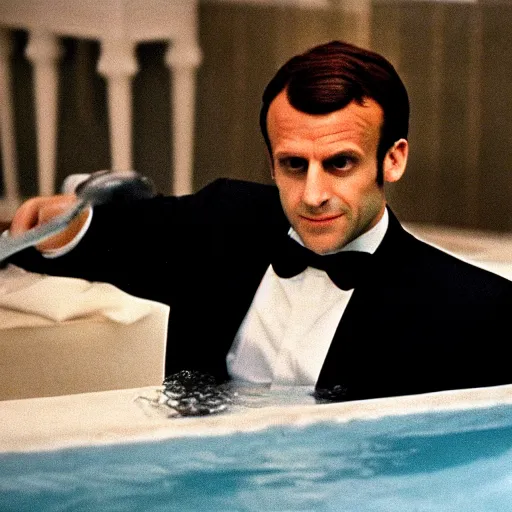 Image similar to Emmanuel macron taking a bath in American Psycho (1999), blur on his body