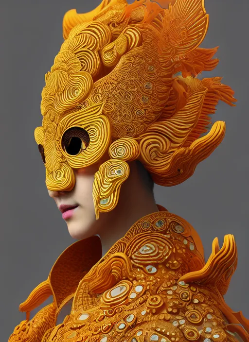 Image similar to 3 d goddess medium shot profile portrait. beautiful intricate highly detailed korean gumiho mask and traditional korean hanbok. stingray, magpie, stingray, magpie, bioluminescent, plasma, lava, ice, water, wind, creature, fog, artwork by tooth wu and wlop and beeple and greg rutkowski, 8 k trending on artstation,