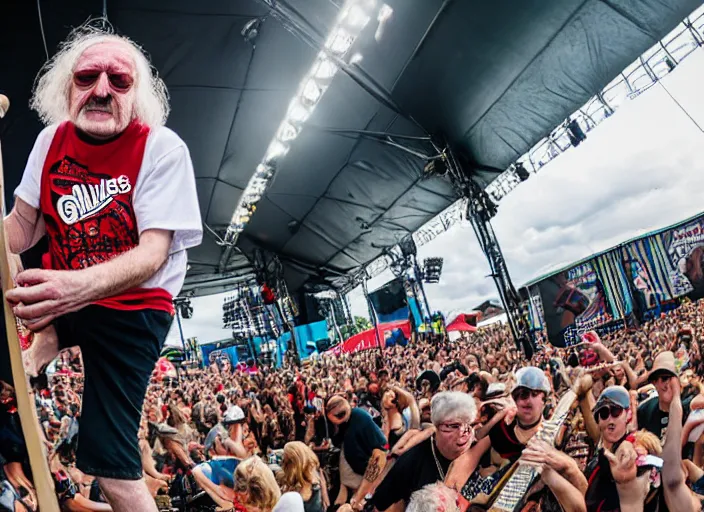 Image similar to photo still of gallagher at vans warped tour!!!!!!!! at age 6 3 years old 6 3 years of age!!!!!!! throwing bees at a crowd, 8 k, 8 5 mm f 1. 8, studio lighting, rim light, right side key light