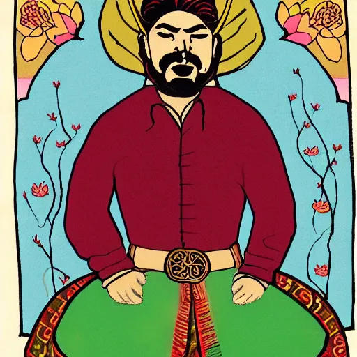 Prompt: mexican vaquero sitting lotus position, persian folktale artstyle
