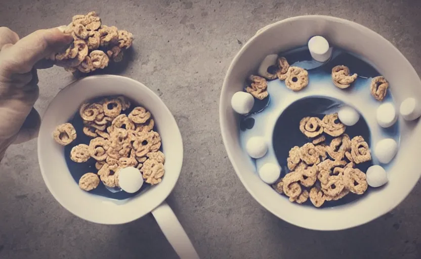 Image similar to “cereal bowl, with countries floating on the milk, each country has a soldier shooting at the other countries”