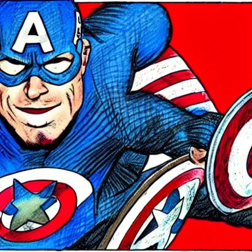 Image similar to The Artwork of R. Crumb and his Cheap Suit Captain America, pencil and colored marker artwork, trailer-trash lifestyle